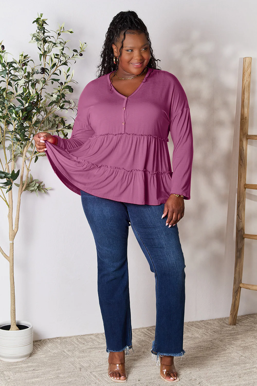 Double Take Half Button Long Sleeve Ruffle Hem Blouse - Image 25