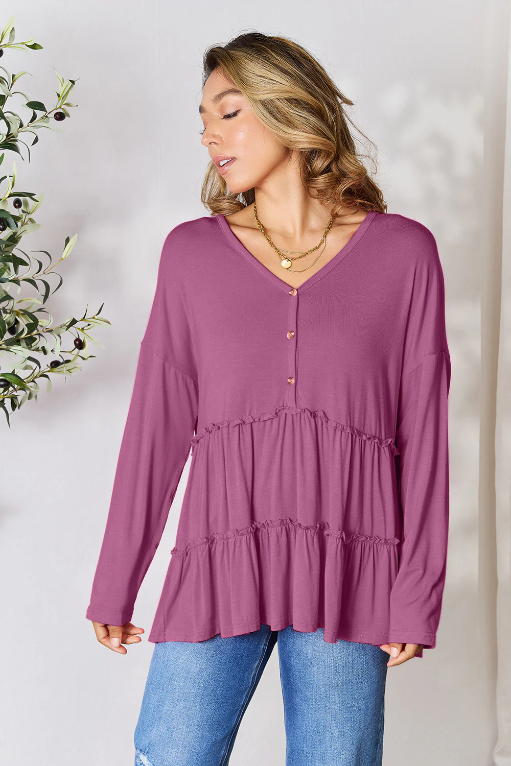 Double Take Half Button Long Sleeve Ruffle Hem Blouse - Image 26