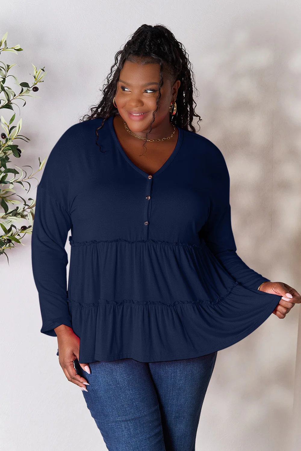 Double Take Half Button Long Sleeve Ruffle Hem Blouse - Image 27
