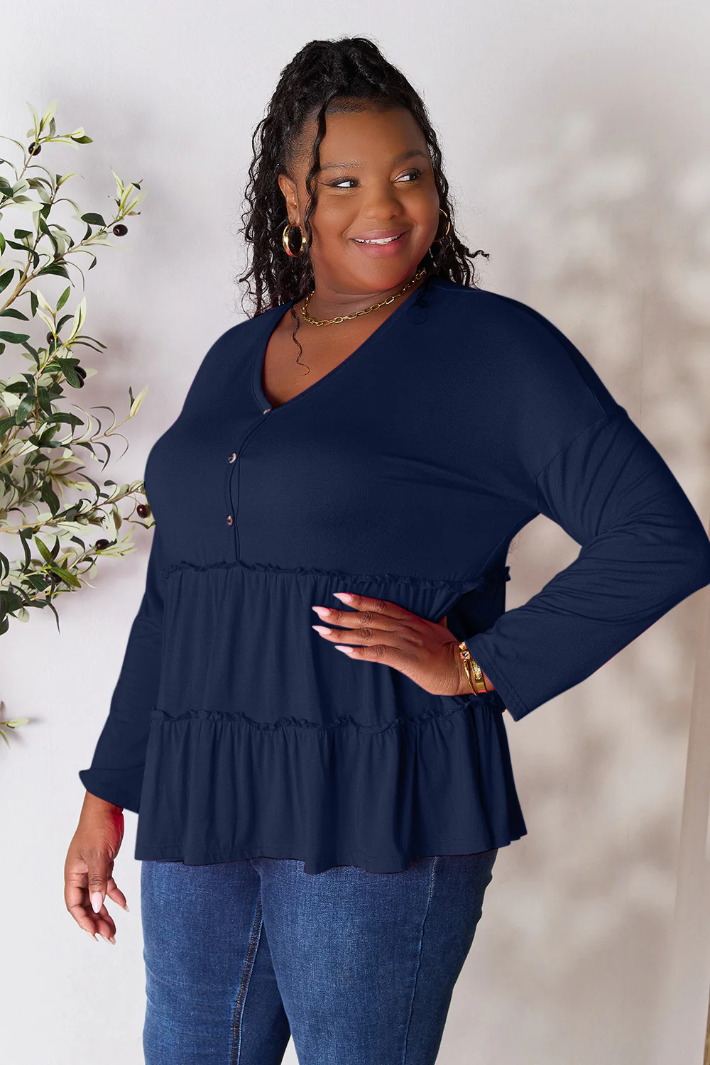 Double Take Half Button Long Sleeve Ruffle Hem Blouse - Image 28