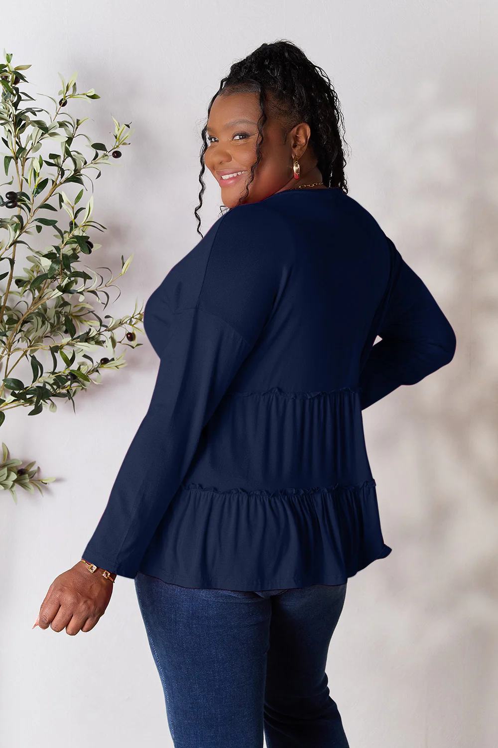 Double Take Half Button Long Sleeve Ruffle Hem Blouse - Image 29