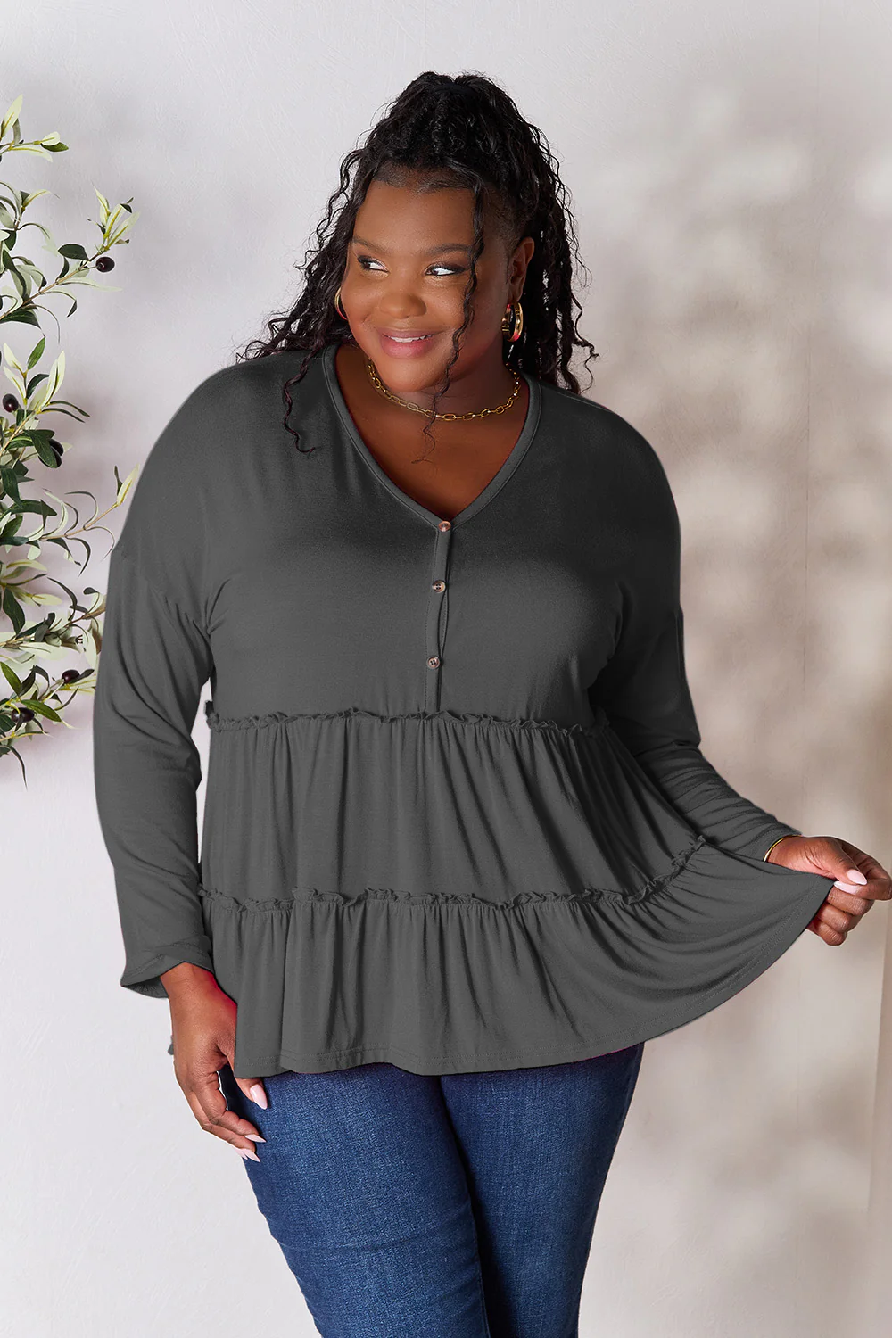 Double Take Half Button Long Sleeve Ruffle Hem Blouse - Image 3