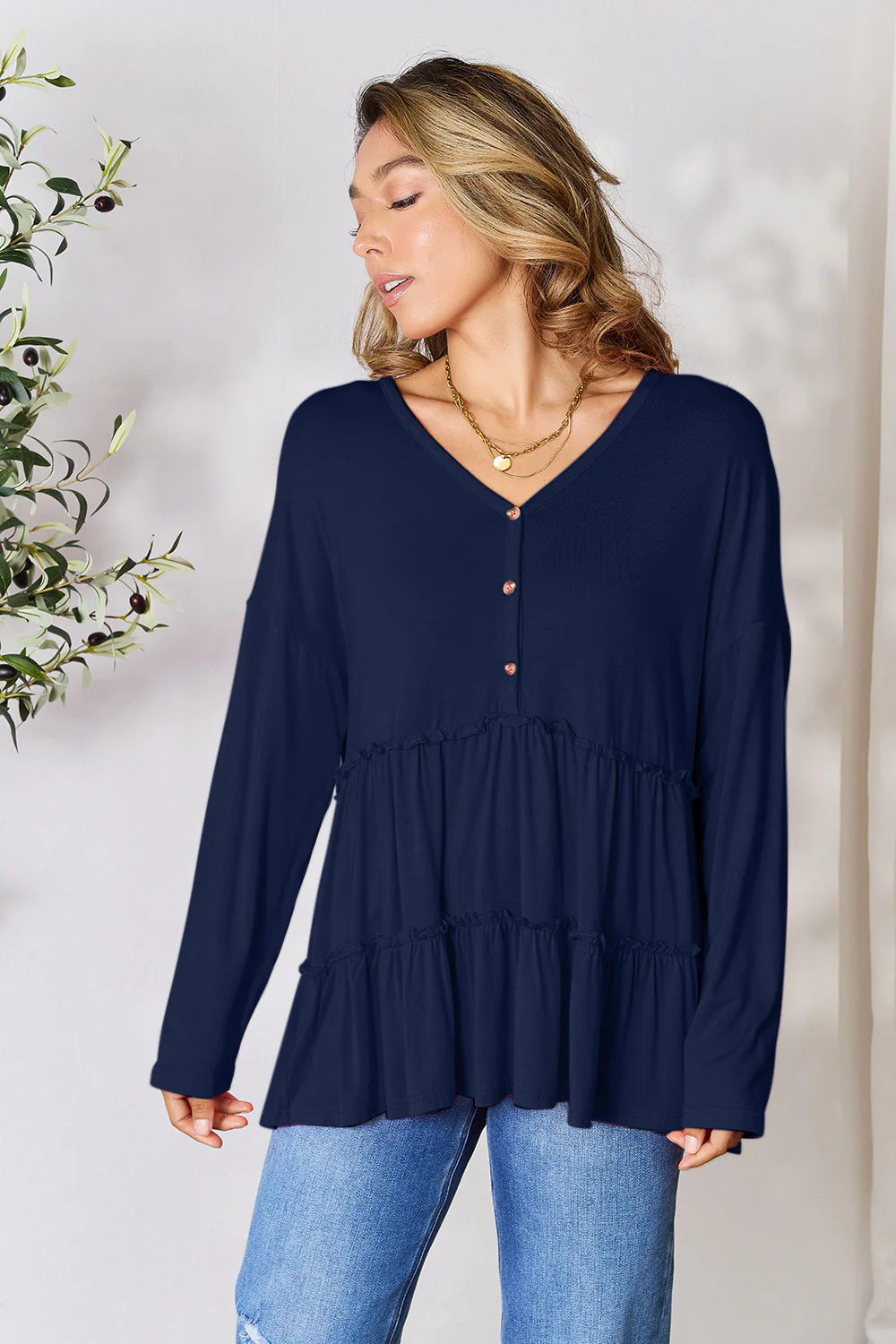 Double Take Half Button Long Sleeve Ruffle Hem Blouse - Image 31