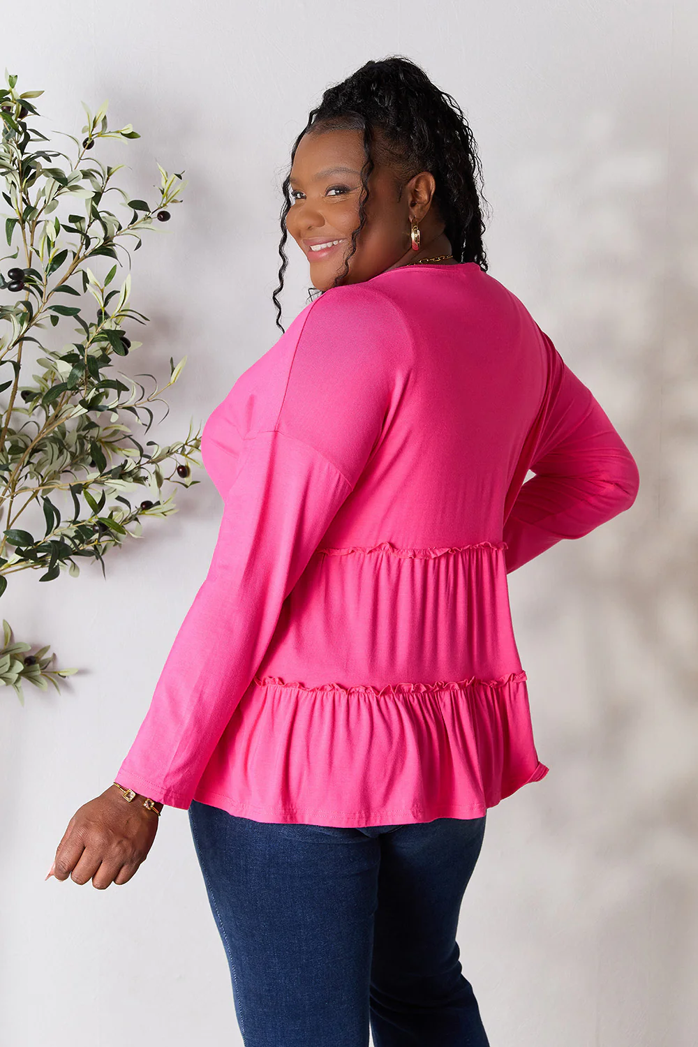 Double Take Half Button Long Sleeve Ruffle Hem Blouse - Image 33