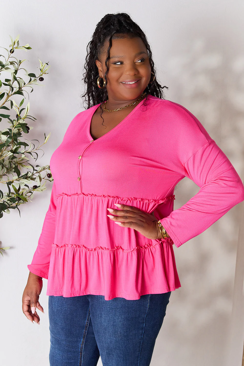 Double Take Half Button Long Sleeve Ruffle Hem Blouse - Image 34