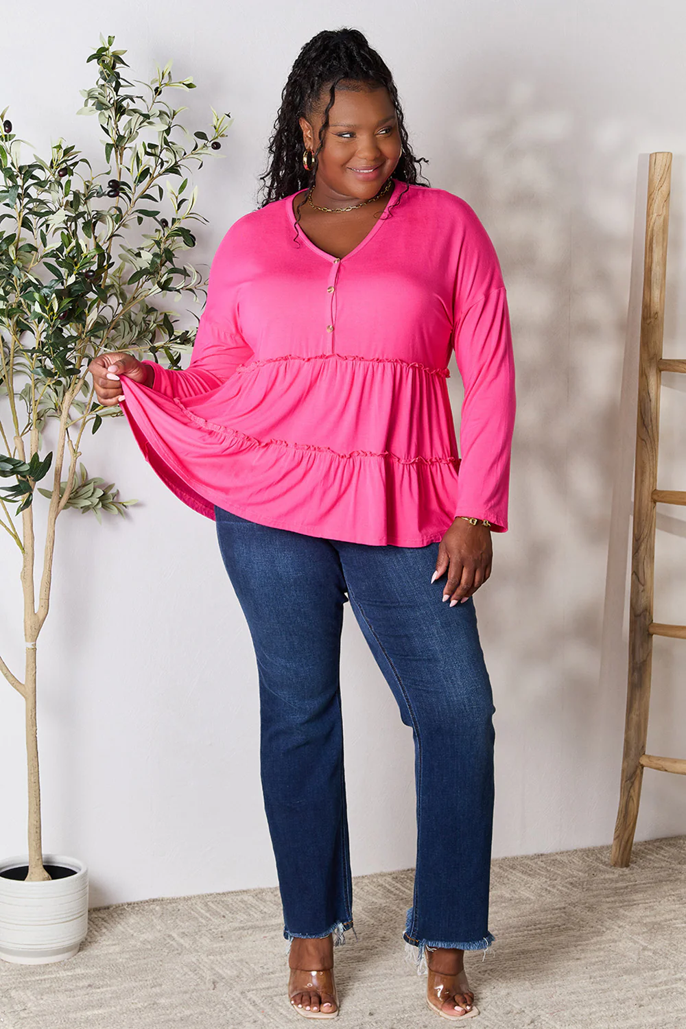Double Take Half Button Long Sleeve Ruffle Hem Blouse - Image 35