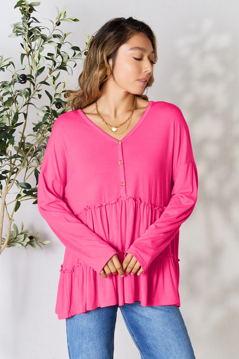 Double Take Half Button Long Sleeve Ruffle Hem Blouse - Image 37