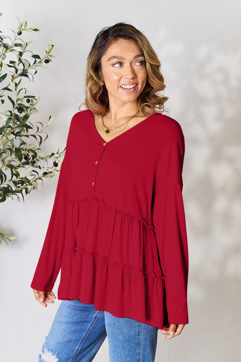 Double Take Half Button Long Sleeve Ruffle Hem Blouse - Image 6