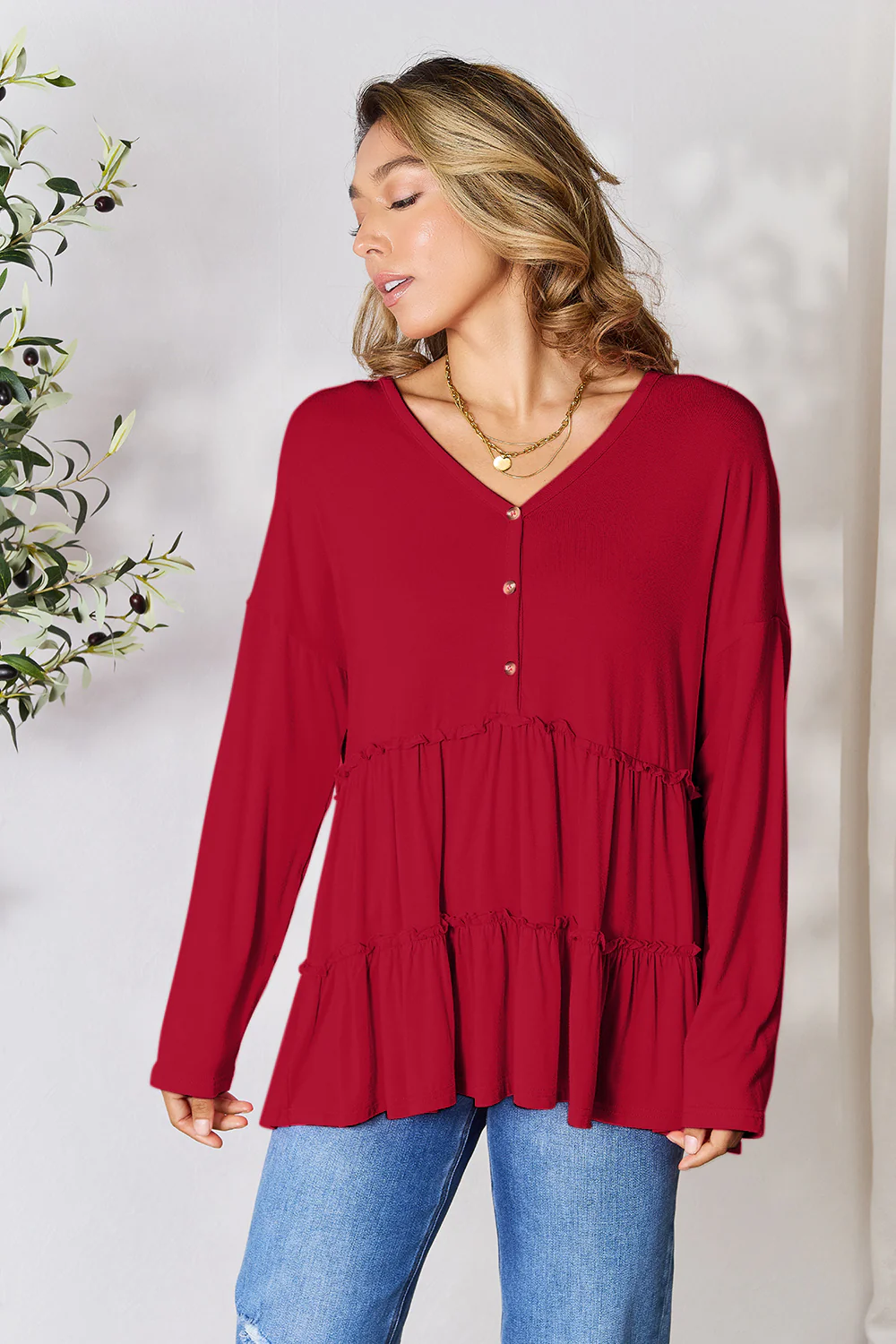 Double Take Half Button Long Sleeve Ruffle Hem Blouse - Image 7