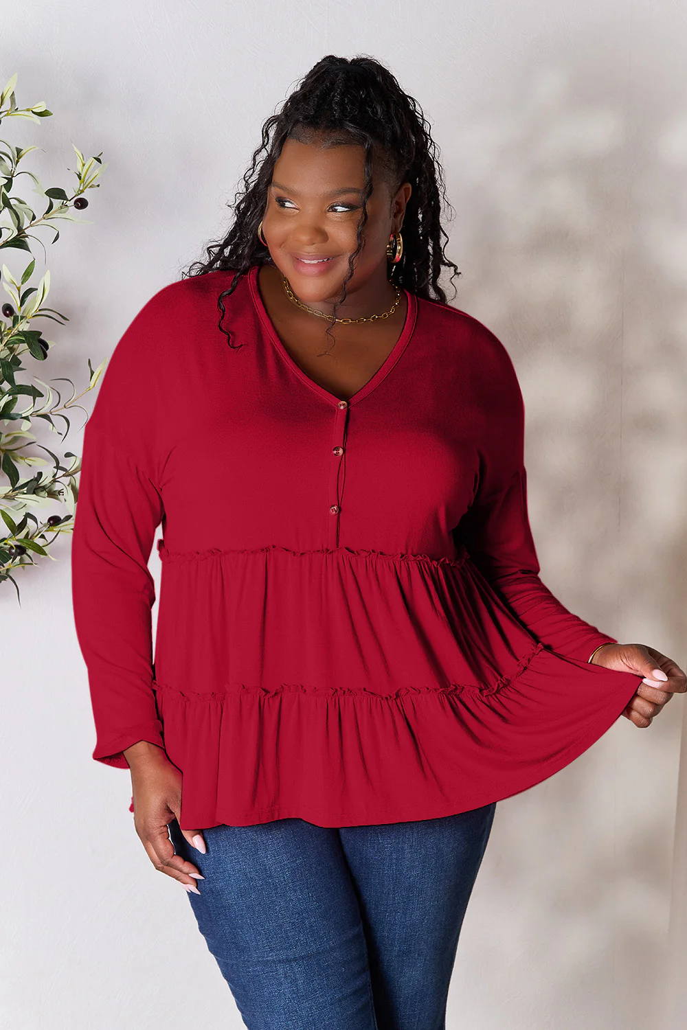 Double Take Half Button Long Sleeve Ruffle Hem Blouse - Image 8