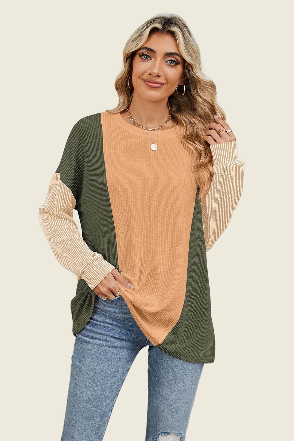 Double Take Texture Contrast Round Neck Long Sleeve T-Shirt - Image 10