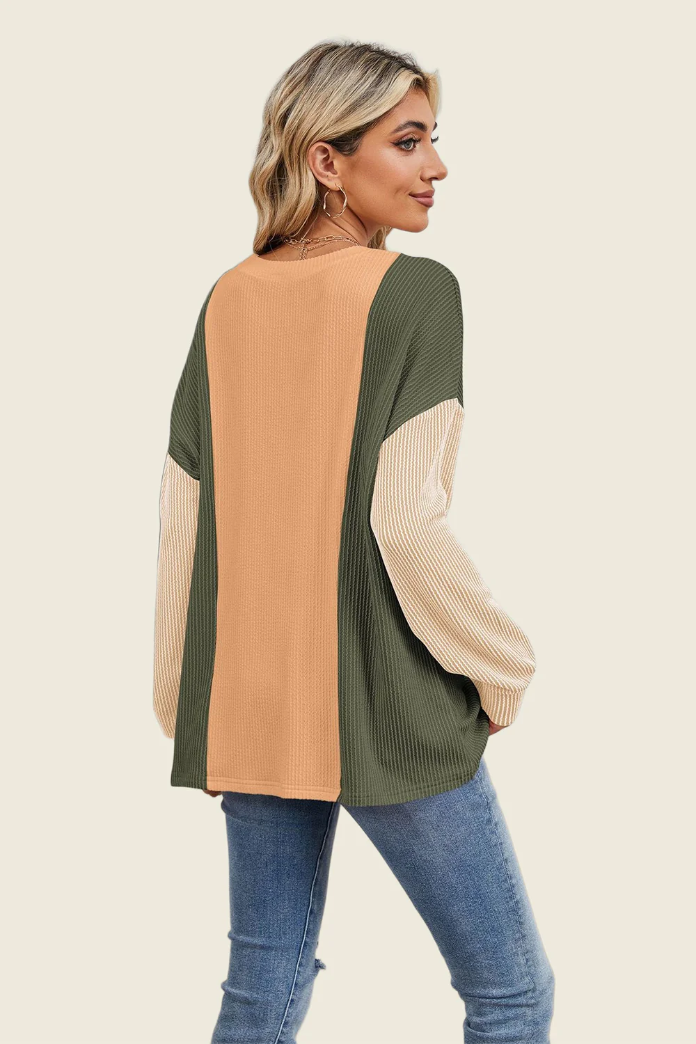 Double Take Texture Contrast Round Neck Long Sleeve T-Shirt - Image 11