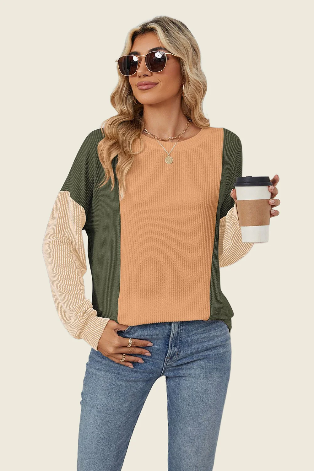Double Take Texture Contrast Round Neck Long Sleeve T-Shirt - Image 12