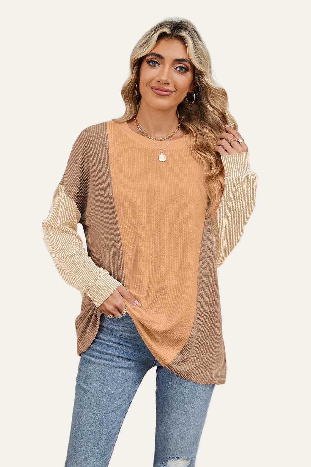 Double Take Texture Contrast Round Neck Long Sleeve T-Shirt - Image 13