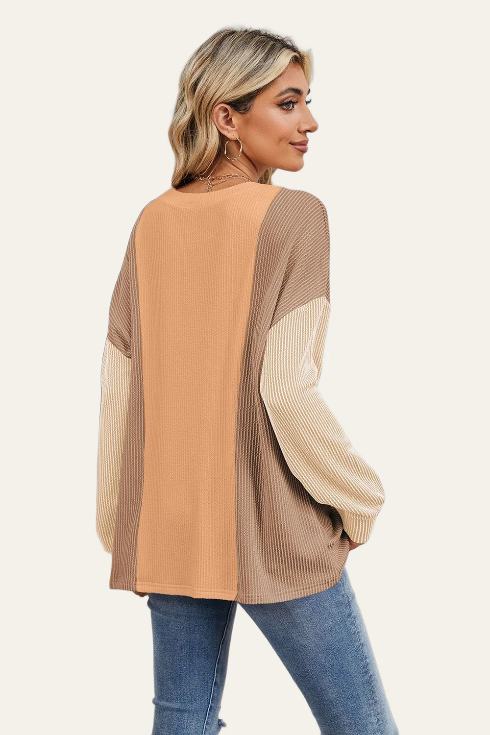 Double Take Texture Contrast Round Neck Long Sleeve T-Shirt - Image 14