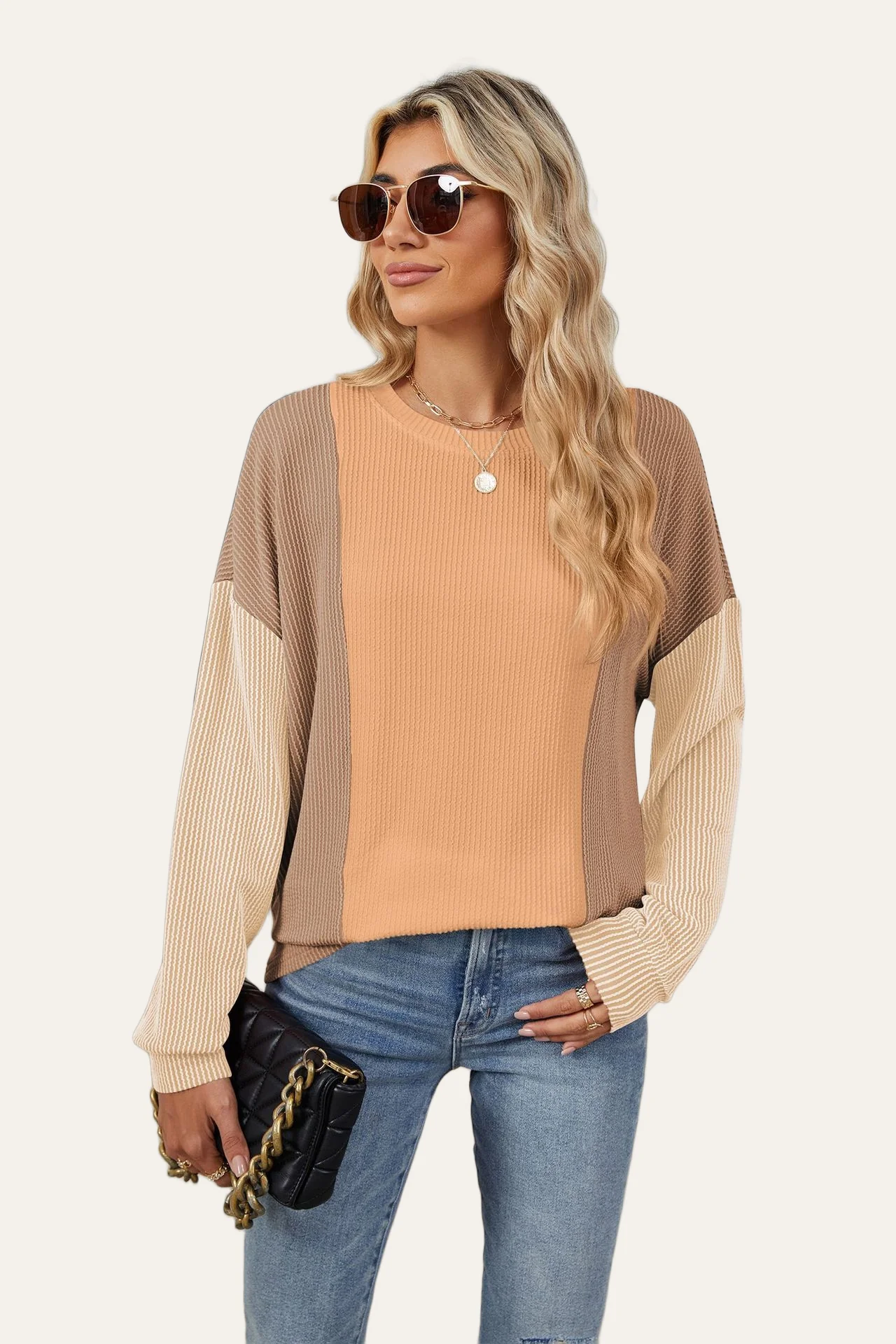Double Take Texture Contrast Round Neck Long Sleeve T-Shirt - Image 15