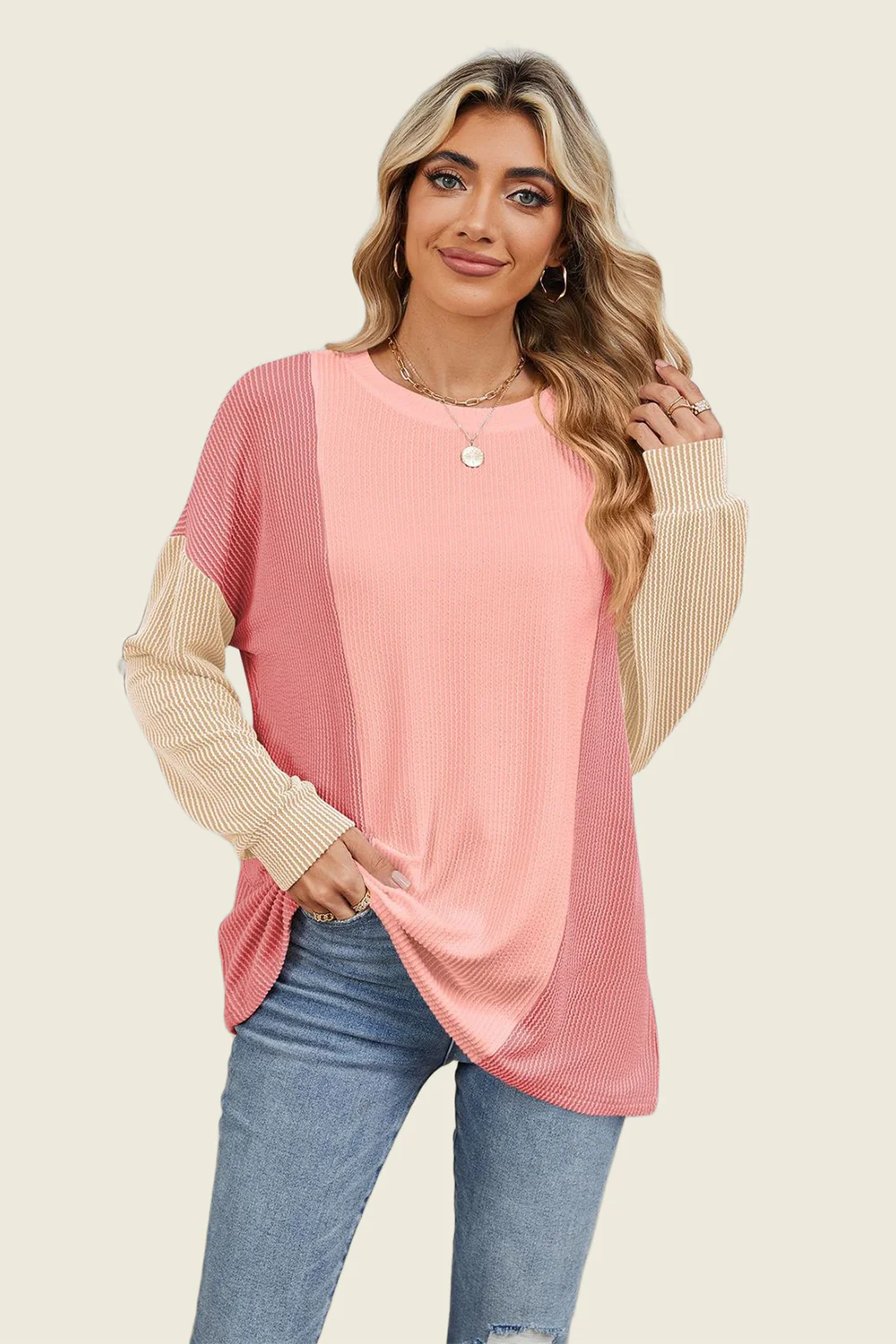 Double Take Texture Contrast Round Neck Long Sleeve T-Shirt - Image 16