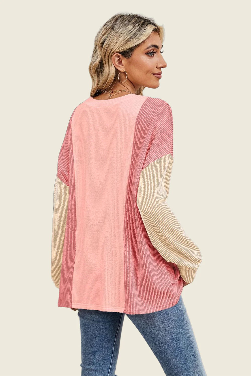 Double Take Texture Contrast Round Neck Long Sleeve T-Shirt - Image 17