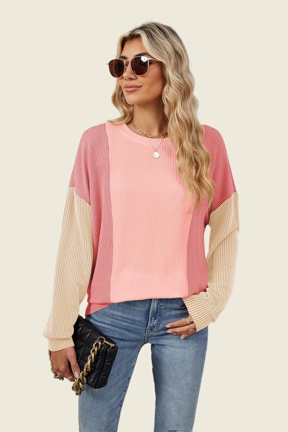 Double Take Texture Contrast Round Neck Long Sleeve T-Shirt - Image 18