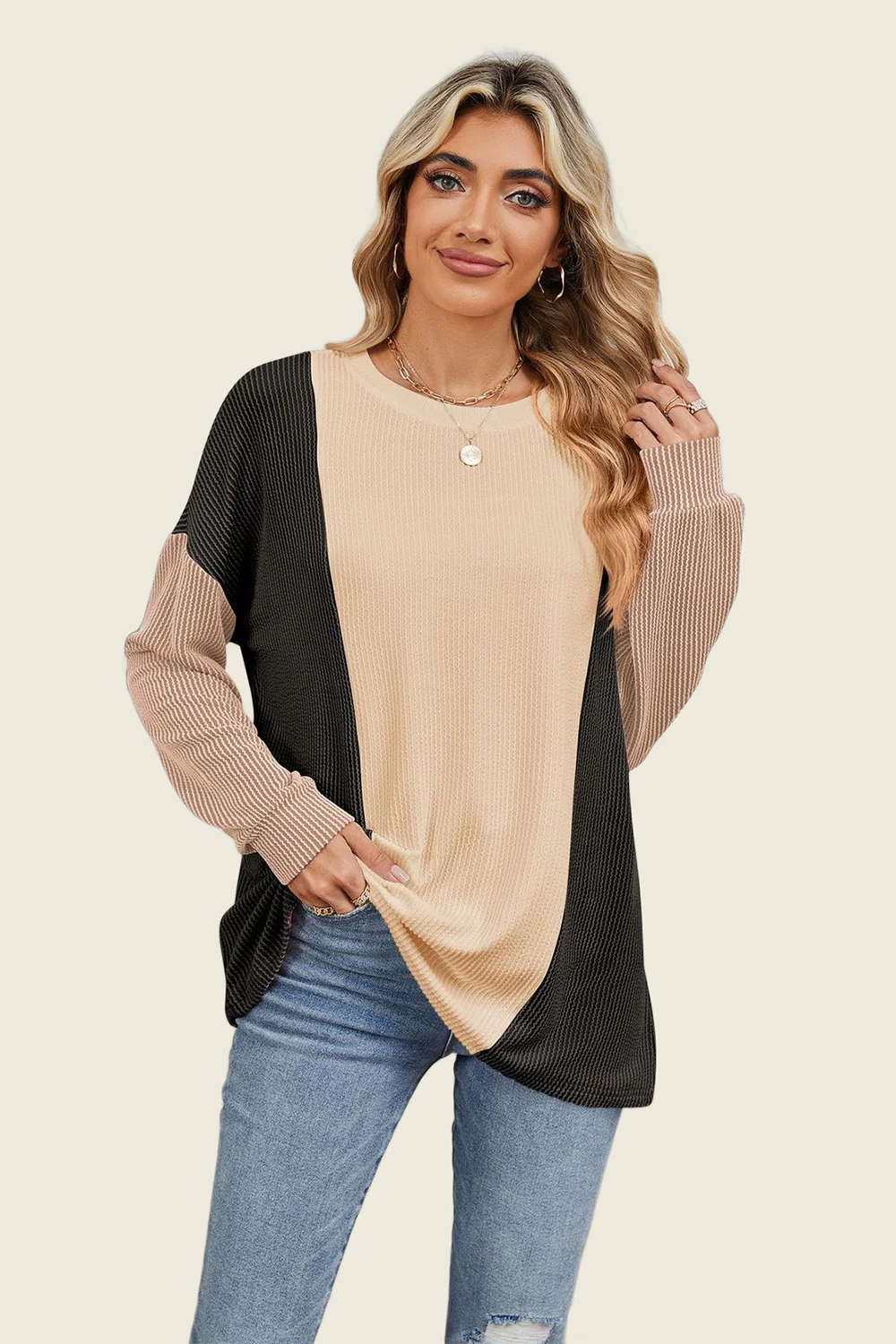 Double Take Texture Contrast Round Neck Long Sleeve T-Shirt - Image 19