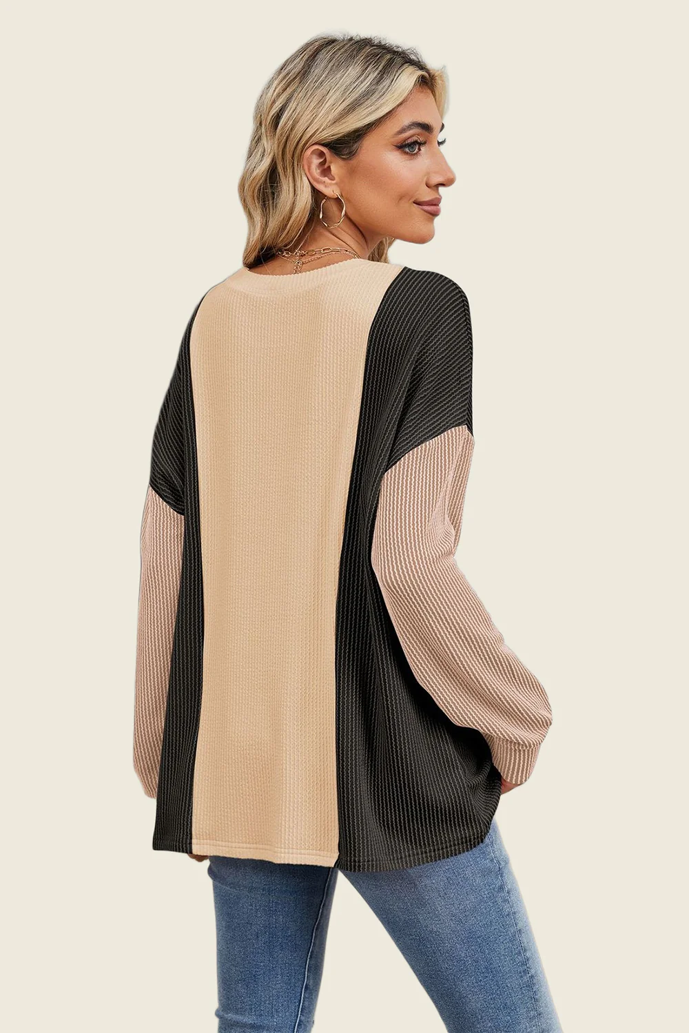 Double Take Texture Contrast Round Neck Long Sleeve T-Shirt - Image 20