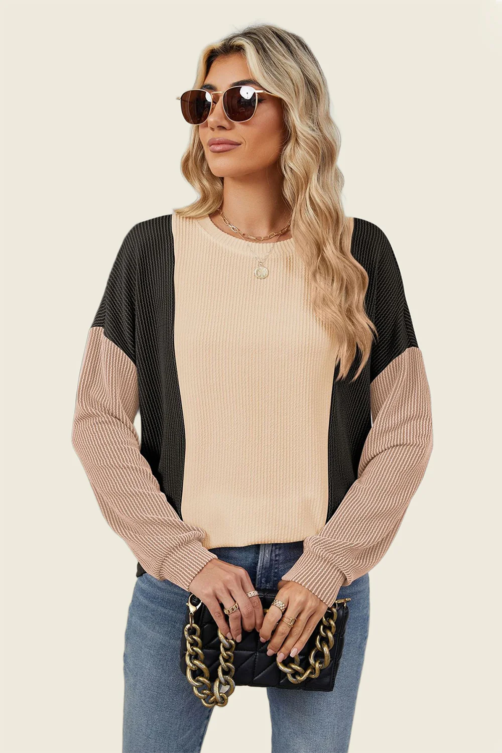 Double Take Texture Contrast Round Neck Long Sleeve T-Shirt - Image 21
