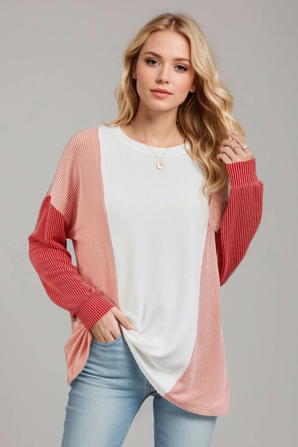 Double Take Texture Contrast Round Neck Long Sleeve T-Shirt - Image 3