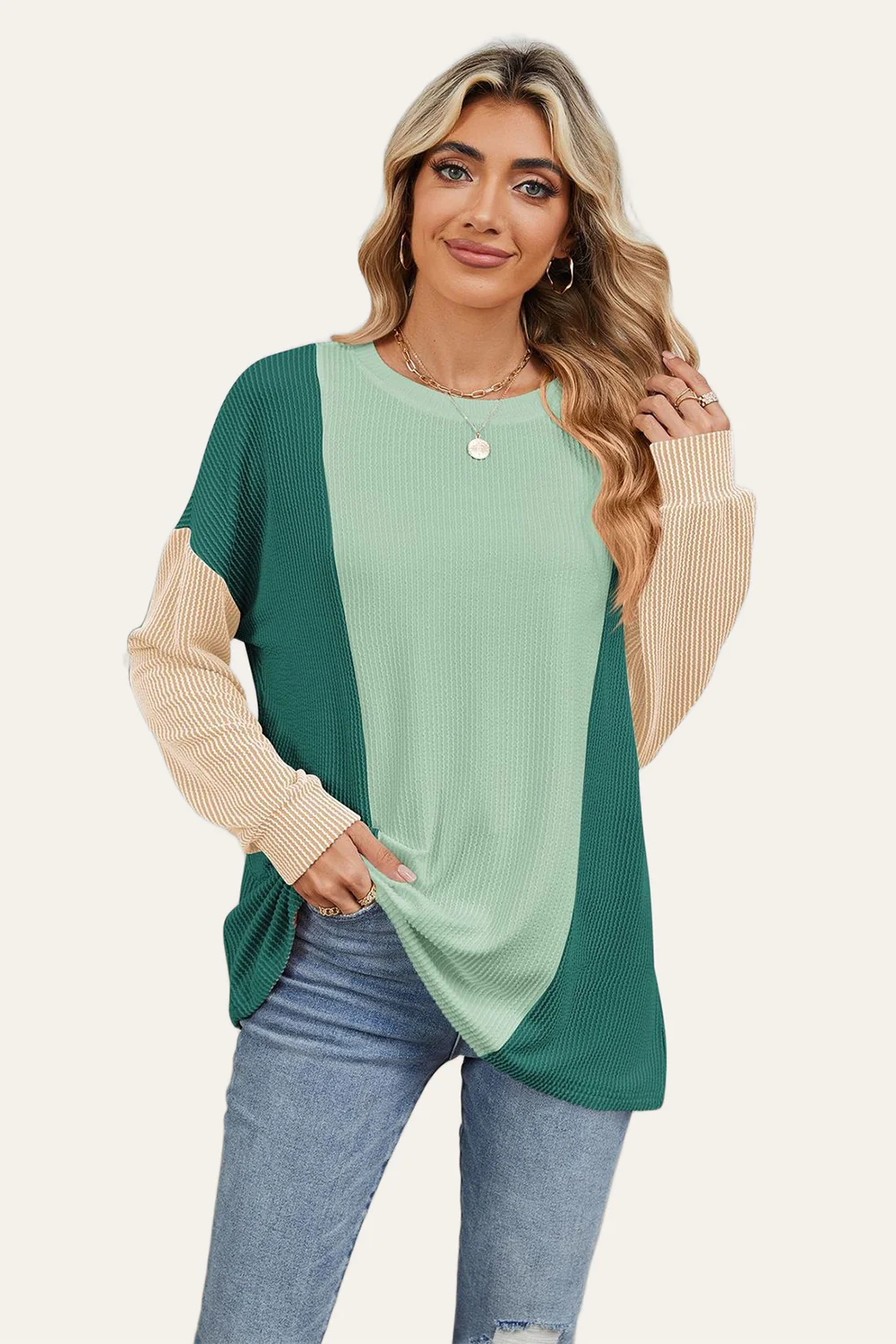 Double Take Texture Contrast Round Neck Long Sleeve T-Shirt - Image 4