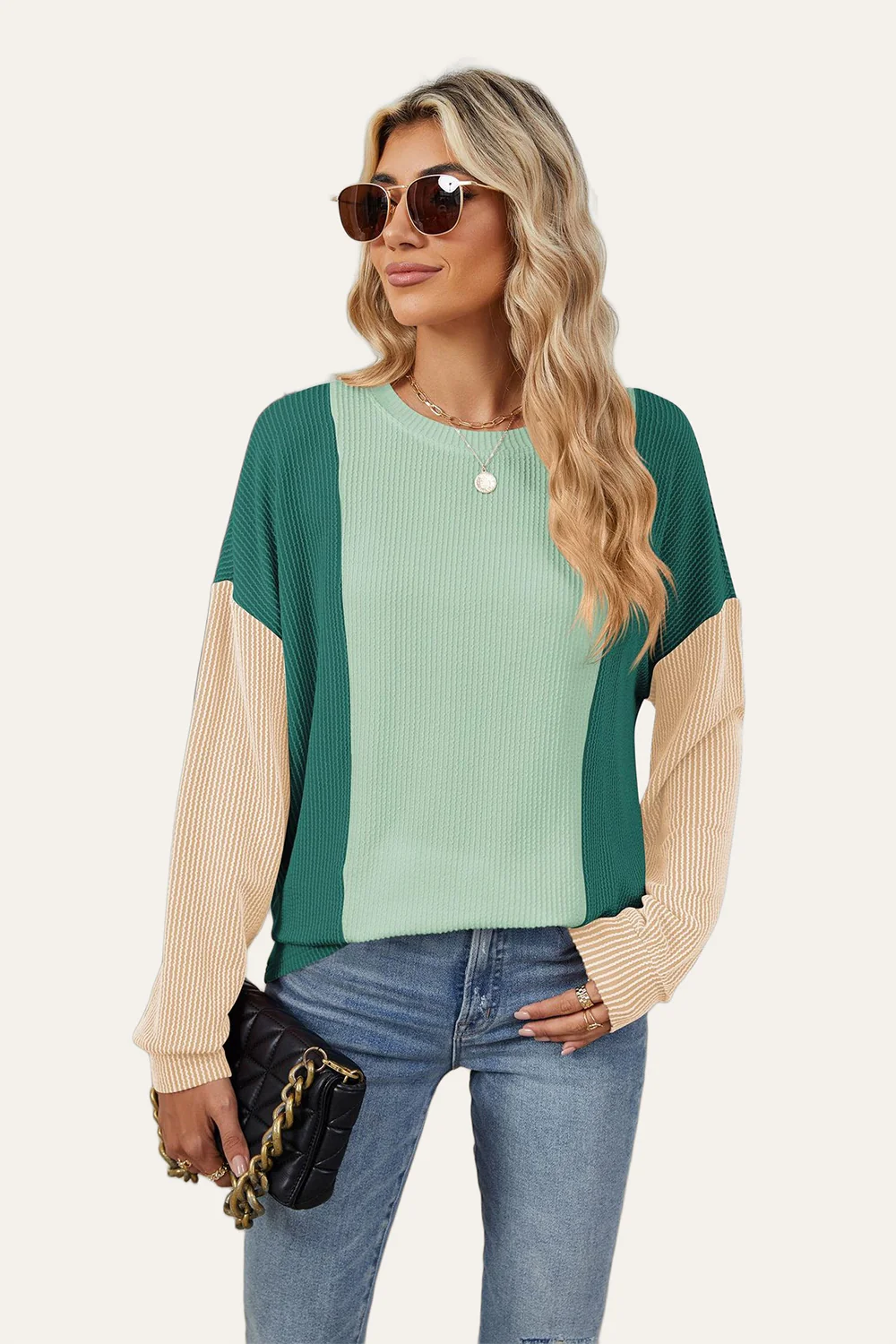 Double Take Texture Contrast Round Neck Long Sleeve T-Shirt - Image 5
