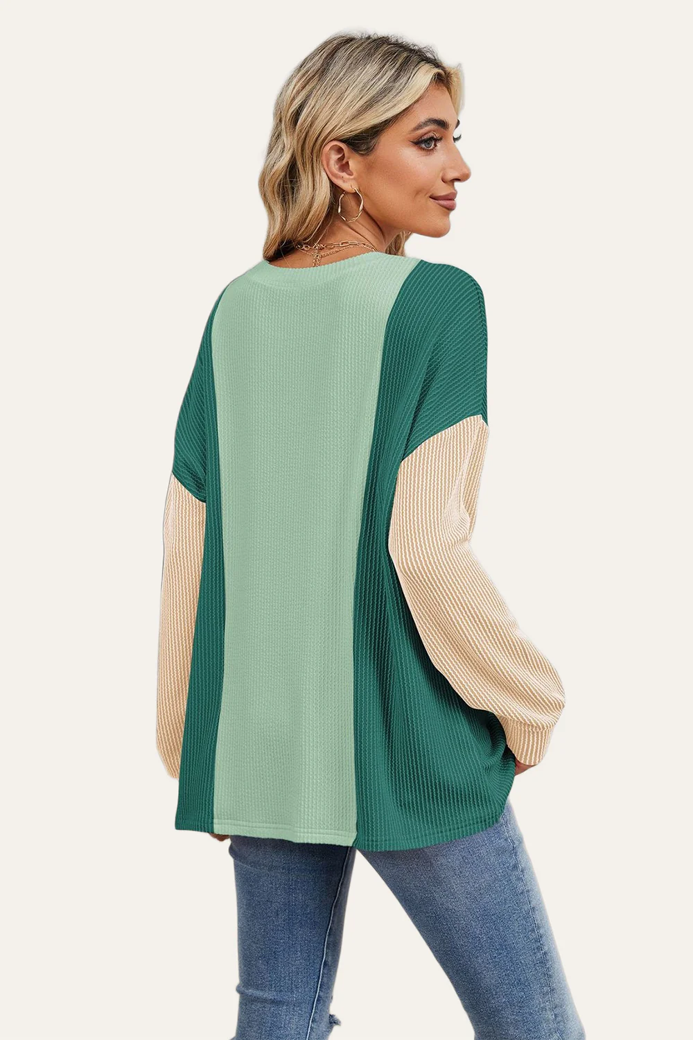 Double Take Texture Contrast Round Neck Long Sleeve T-Shirt - Image 6