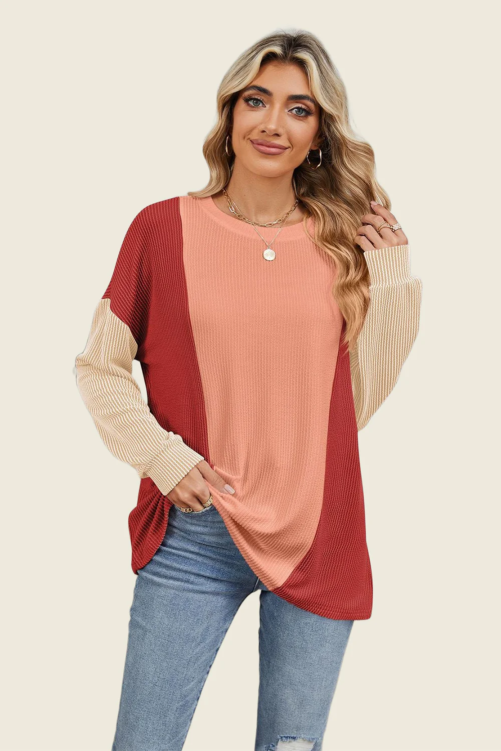 Double Take Texture Contrast Round Neck Long Sleeve T-Shirt - Image 7