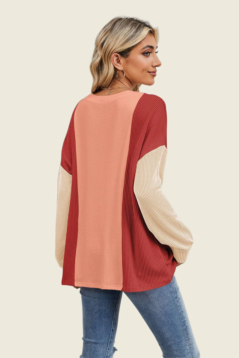 Double Take Texture Contrast Round Neck Long Sleeve T-Shirt - Image 8