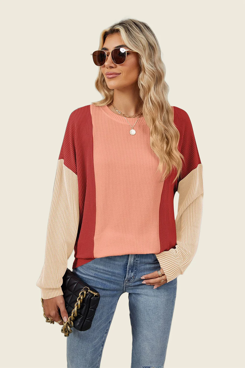 Double Take Texture Contrast Round Neck Long Sleeve T-Shirt - Image 9