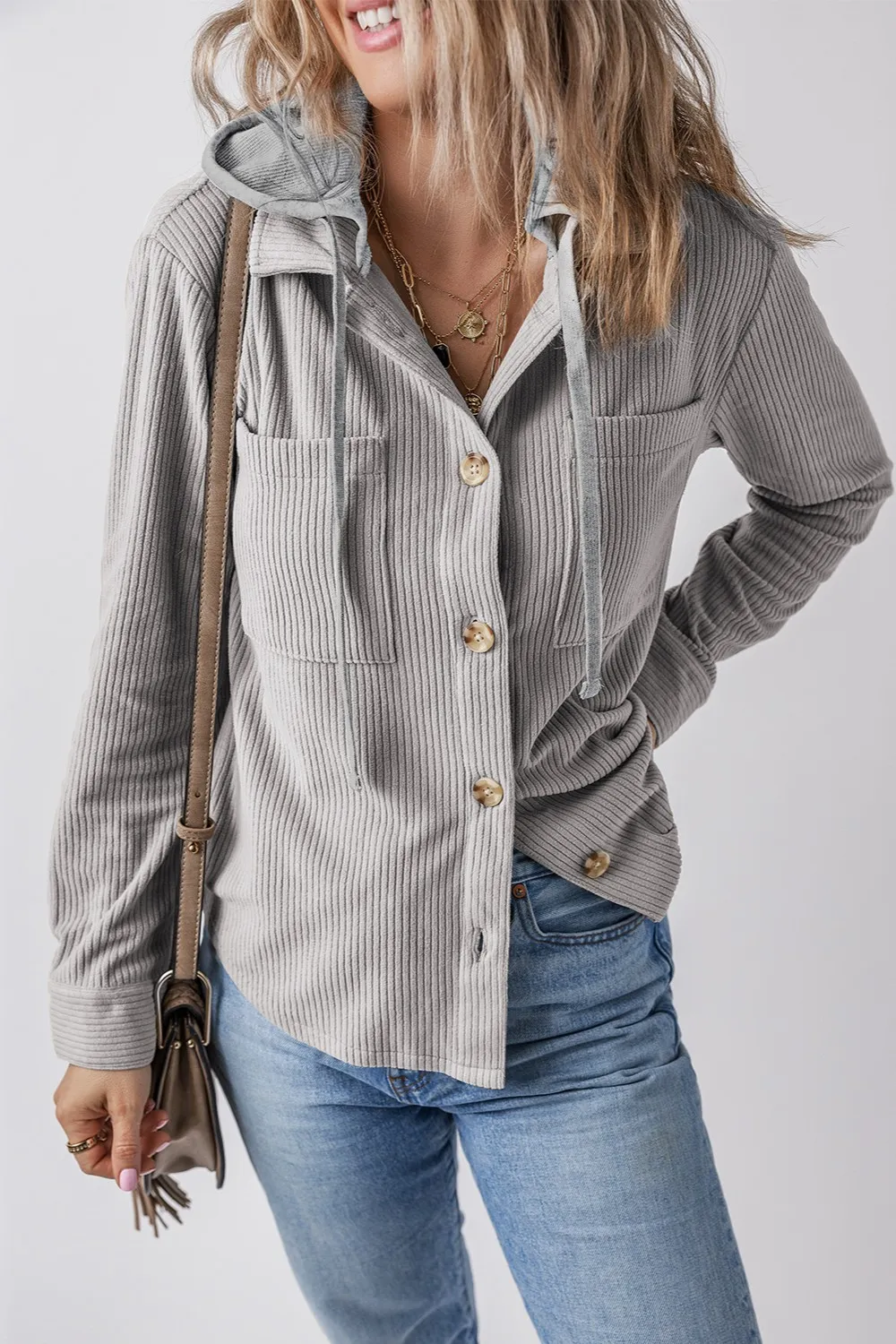 Drawstring Button Up Long Sleeve Hooded Jacket - Image 10