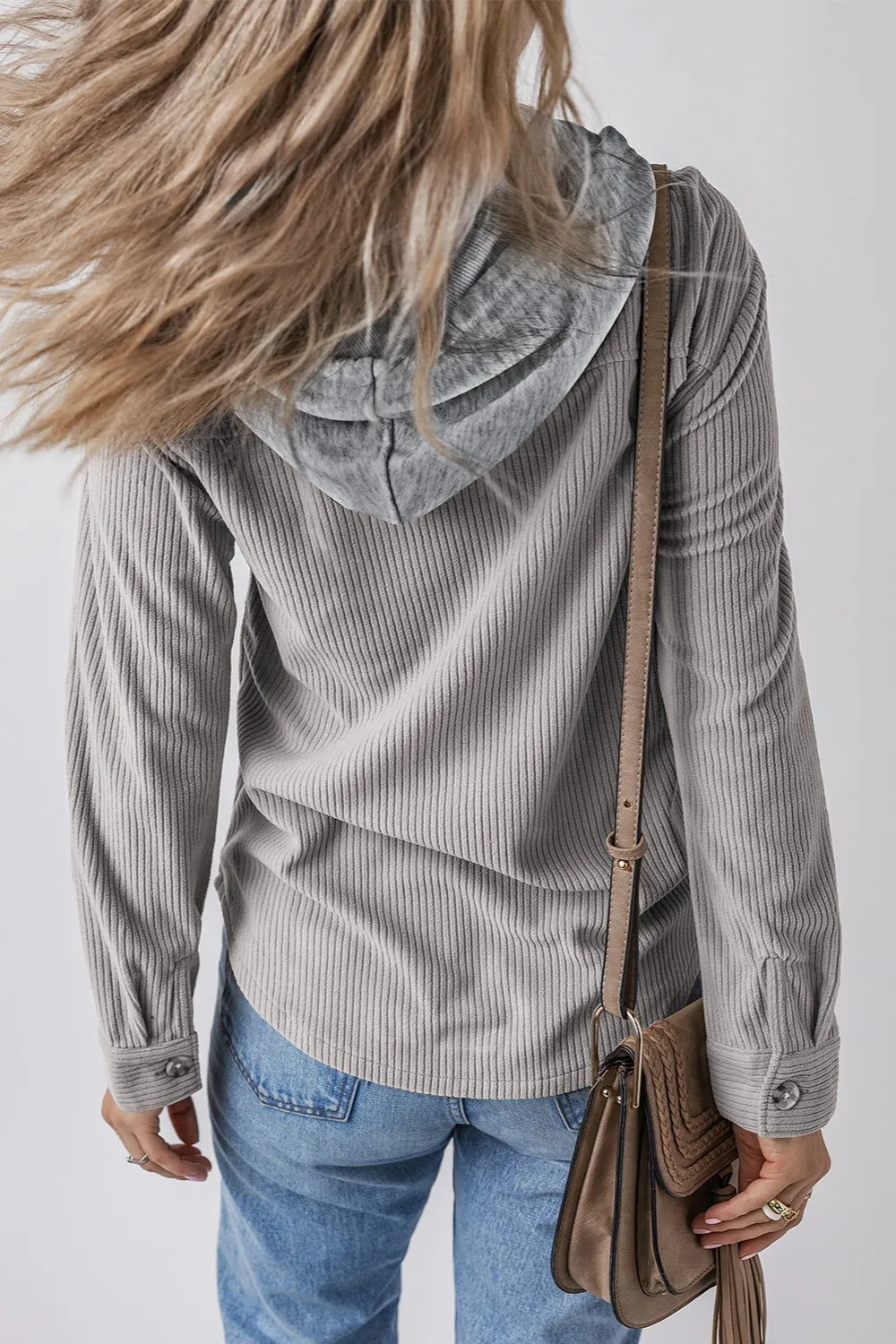 Drawstring Button Up Long Sleeve Hooded Jacket - Image 11