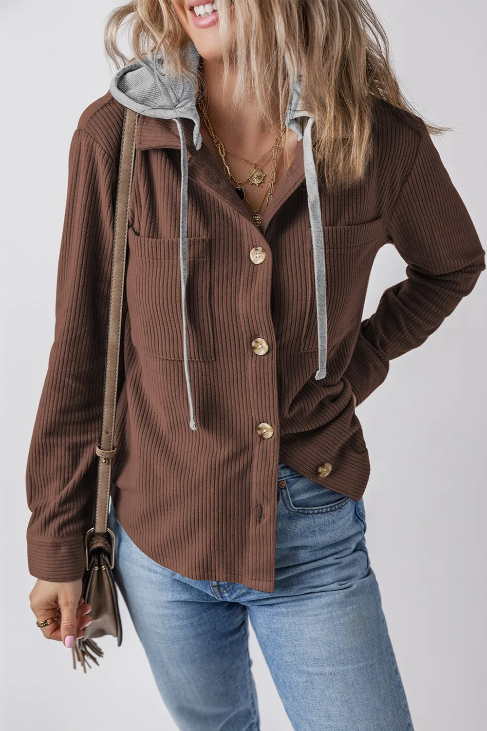Drawstring Button Up Long Sleeve Hooded Jacket - Image 12