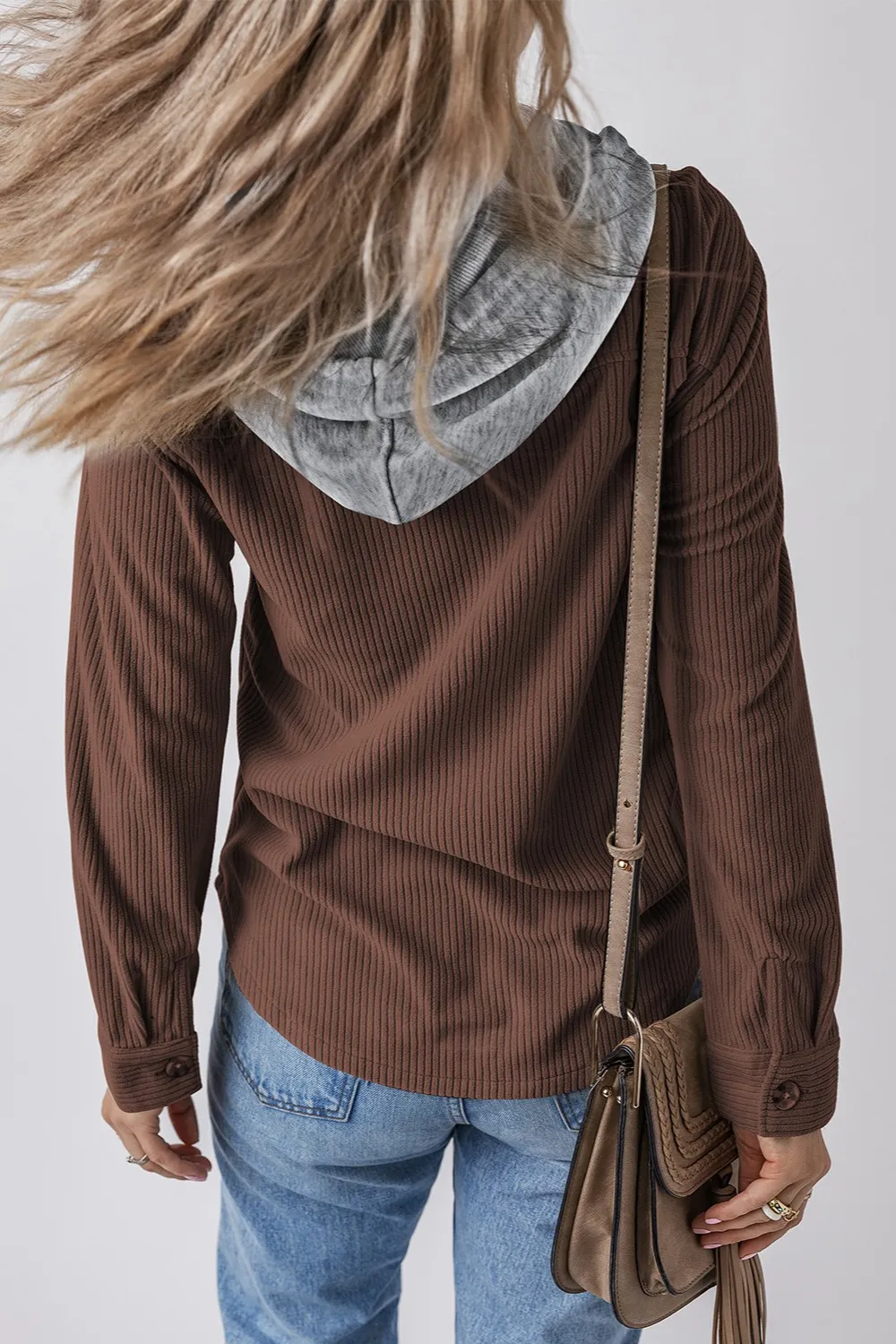 Drawstring Button Up Long Sleeve Hooded Jacket - Image 14