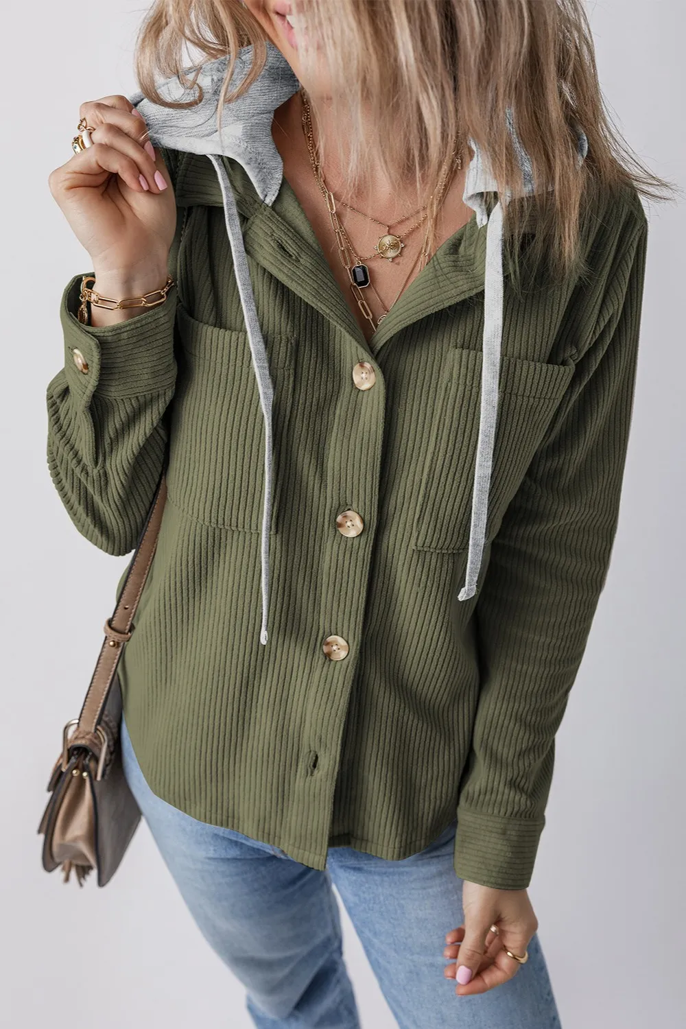 Drawstring Button Up Long Sleeve Hooded Jacket - Image 15