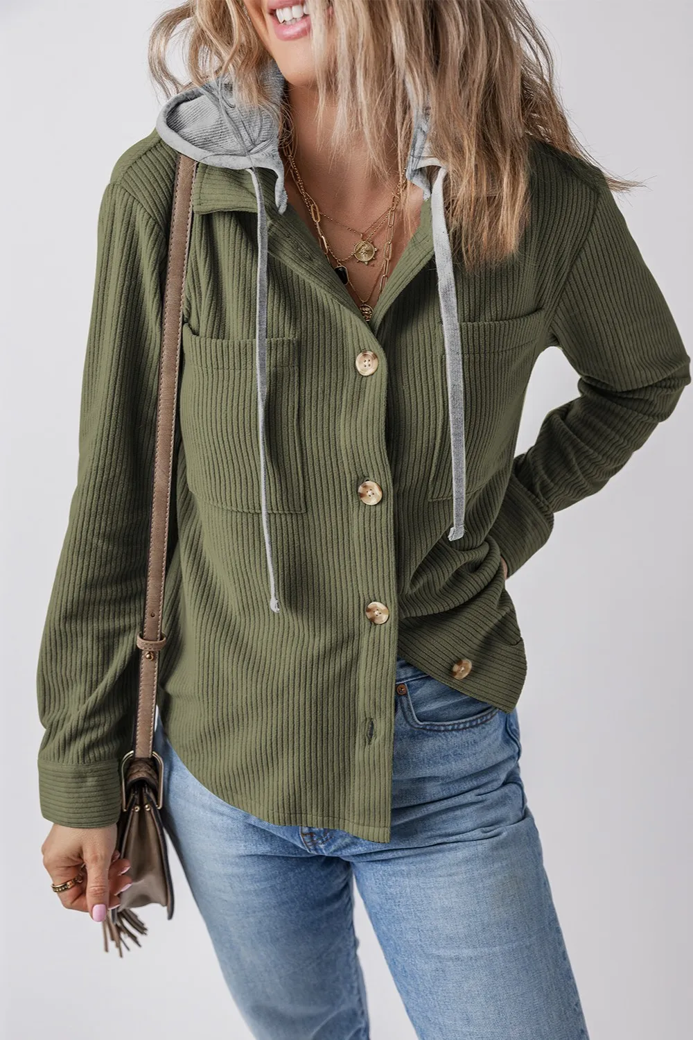 Drawstring Button Up Long Sleeve Hooded Jacket - Image 16