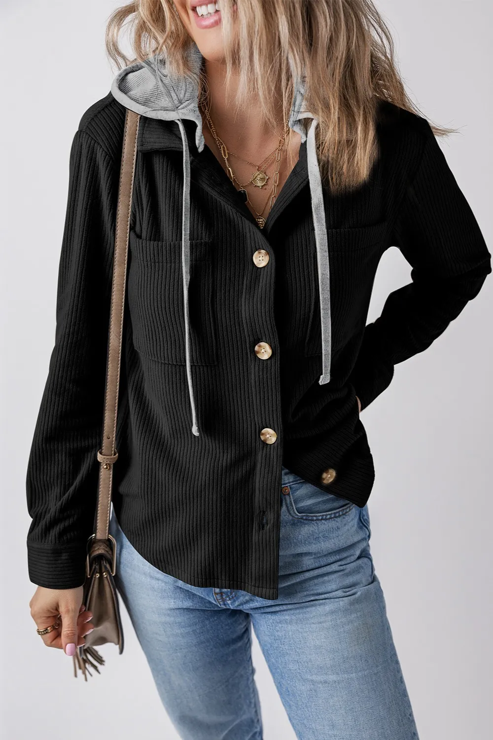 Drawstring Button Up Long Sleeve Hooded Jacket - Image 18