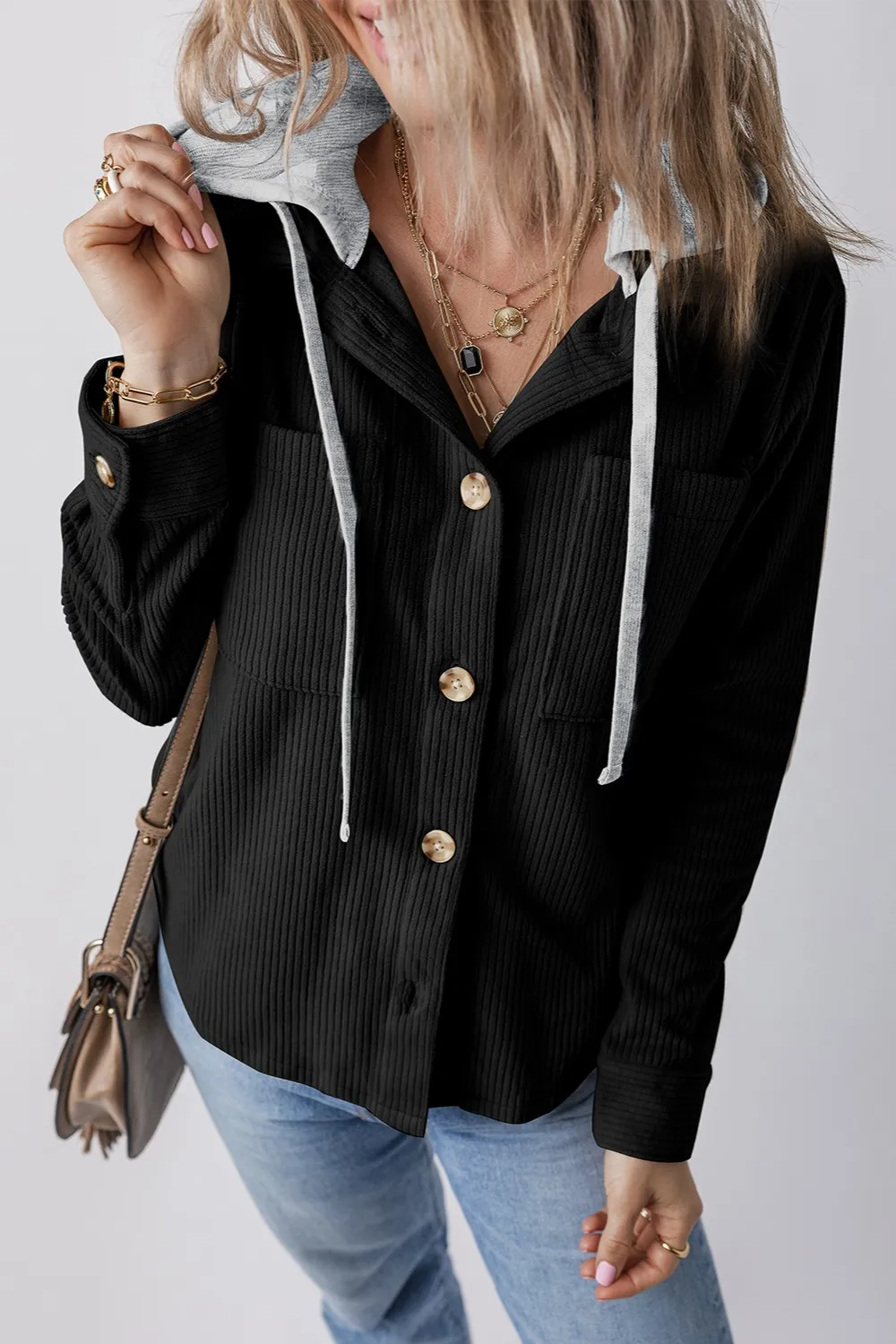 Drawstring Button Up Long Sleeve Hooded Jacket - Image 19