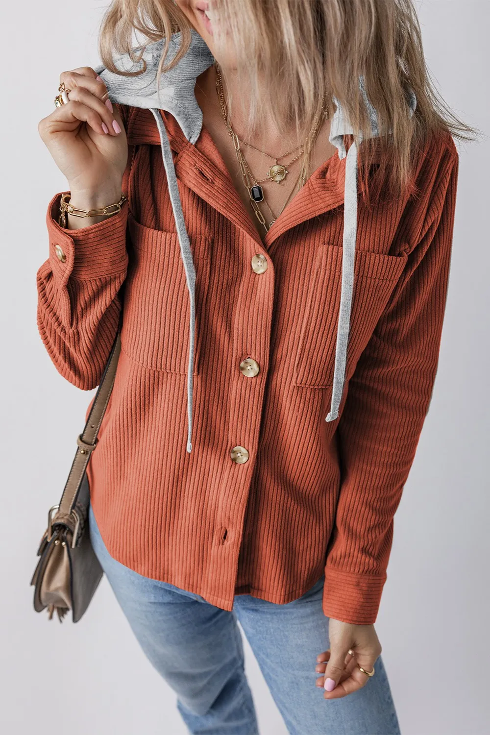 Drawstring Button Up Long Sleeve Hooded Jacket - Image 23