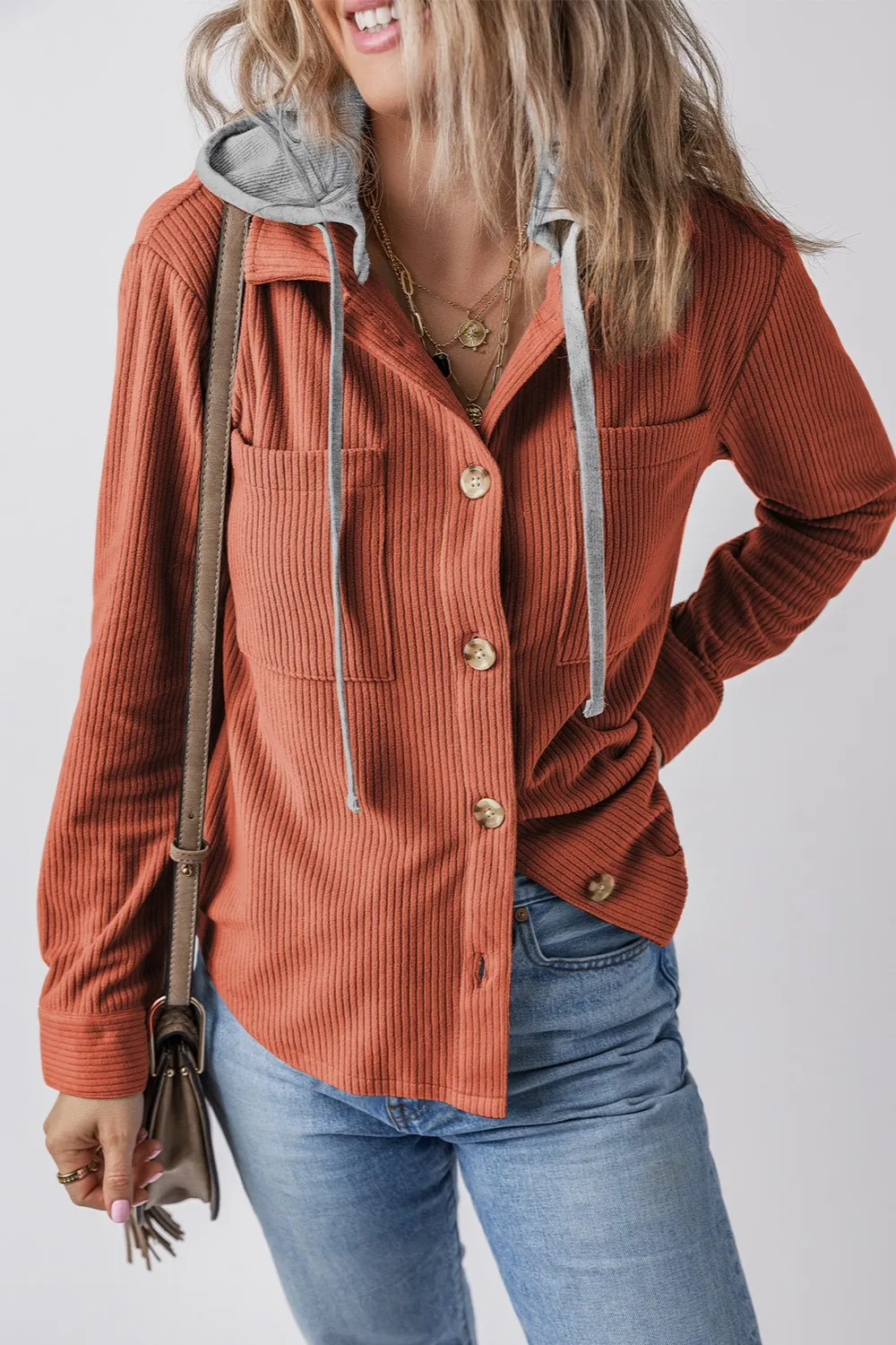 Drawstring Button Up Long Sleeve Hooded Jacket - Image 24
