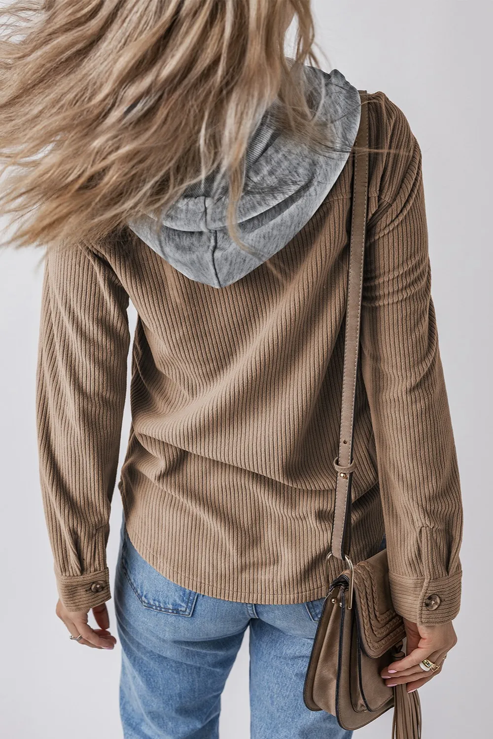 Drawstring Button Up Long Sleeve Hooded Jacket - Image 3