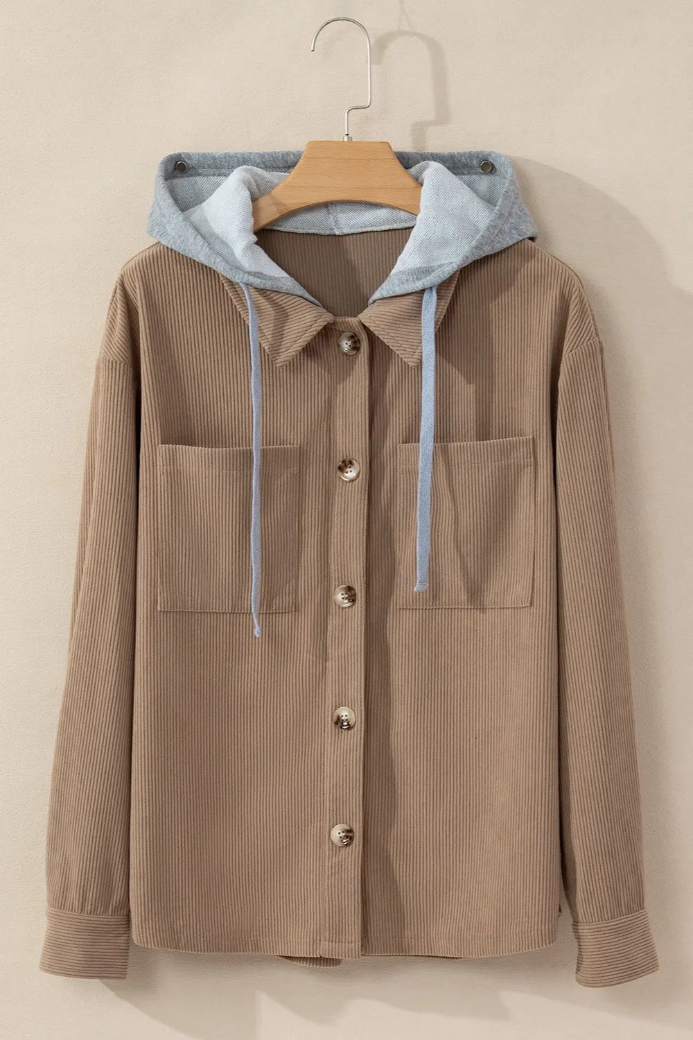 Drawstring Button Up Long Sleeve Hooded Jacket - Image 4