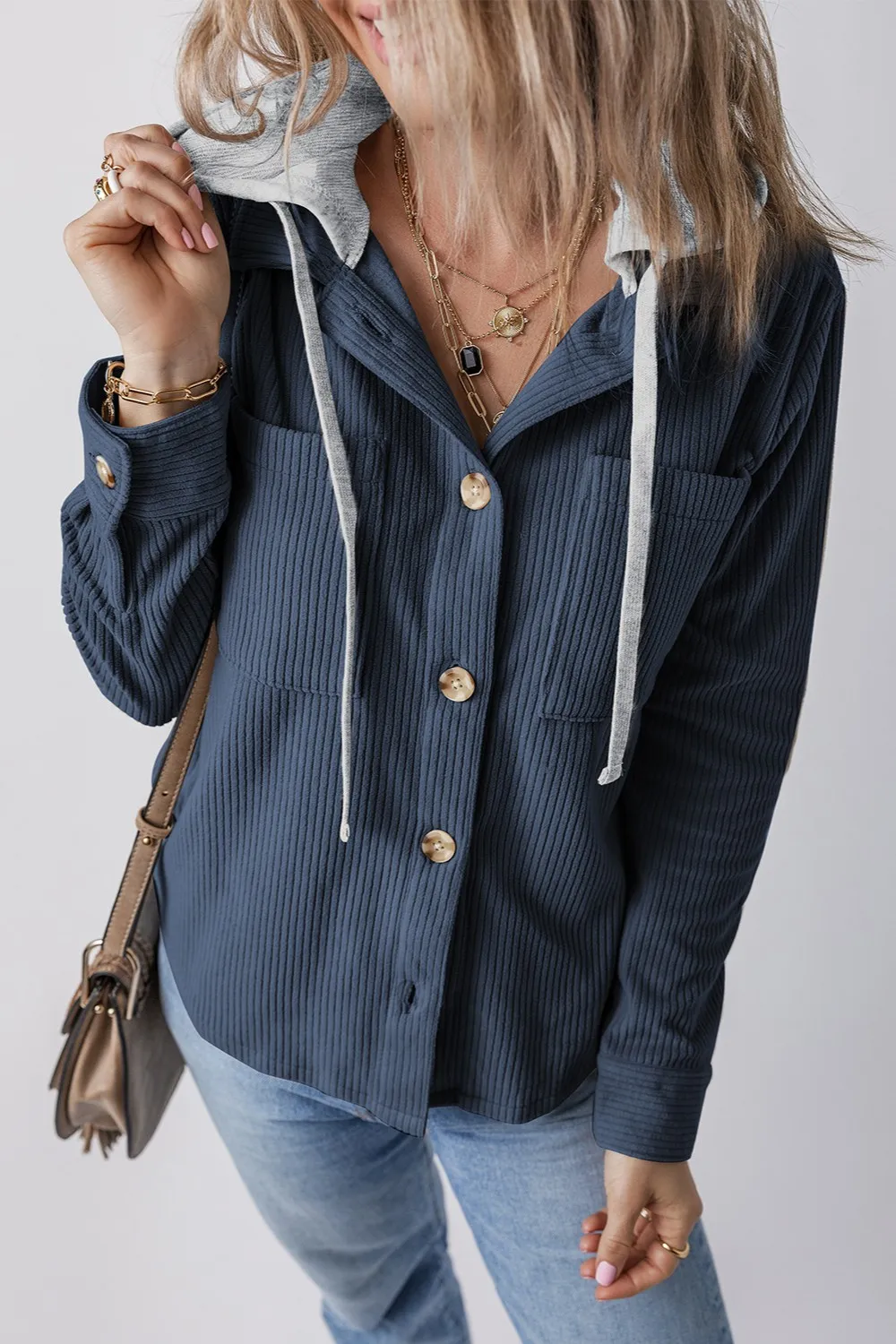 Drawstring Button Up Long Sleeve Hooded Jacket - Image 6