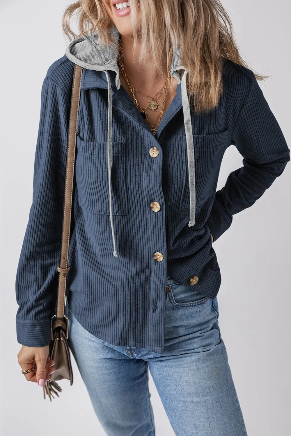 Drawstring Button Up Long Sleeve Hooded Jacket - Image 7