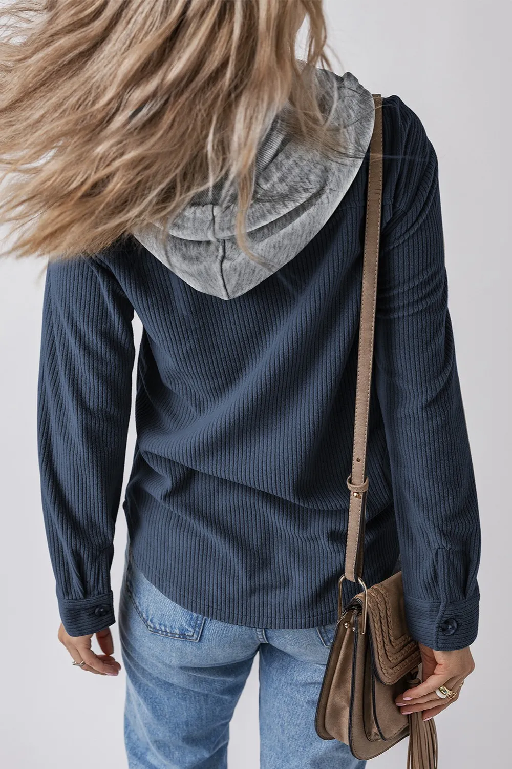 Drawstring Button Up Long Sleeve Hooded Jacket - Image 8