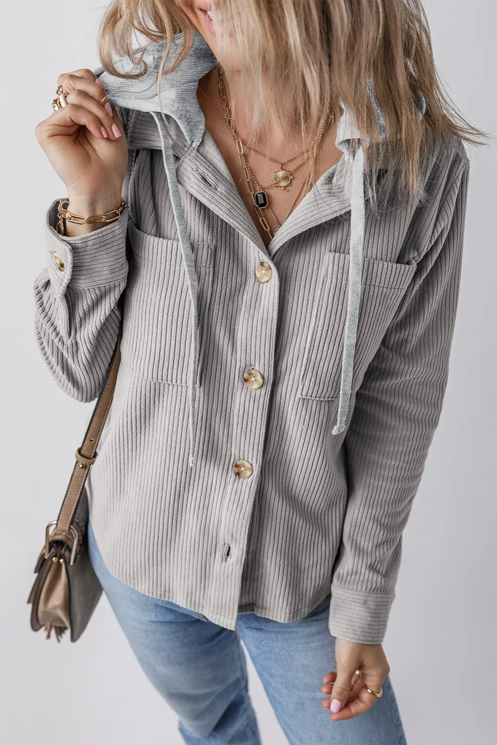 Drawstring Button Up Long Sleeve Hooded Jacket - Image 9
