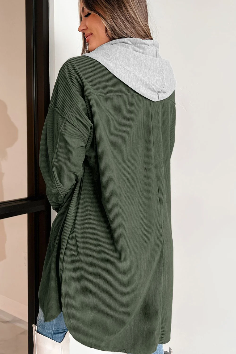 Drawstring Button Up Long Sleeve Hooded Jacket - Image 2